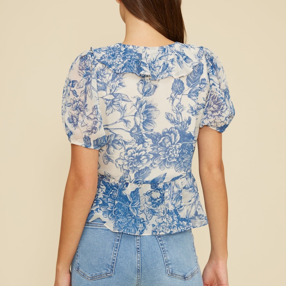 Lucy Paris Blue and White Puff Sleeve Blouse with Ruffled Peplum - Picture 3 of 4